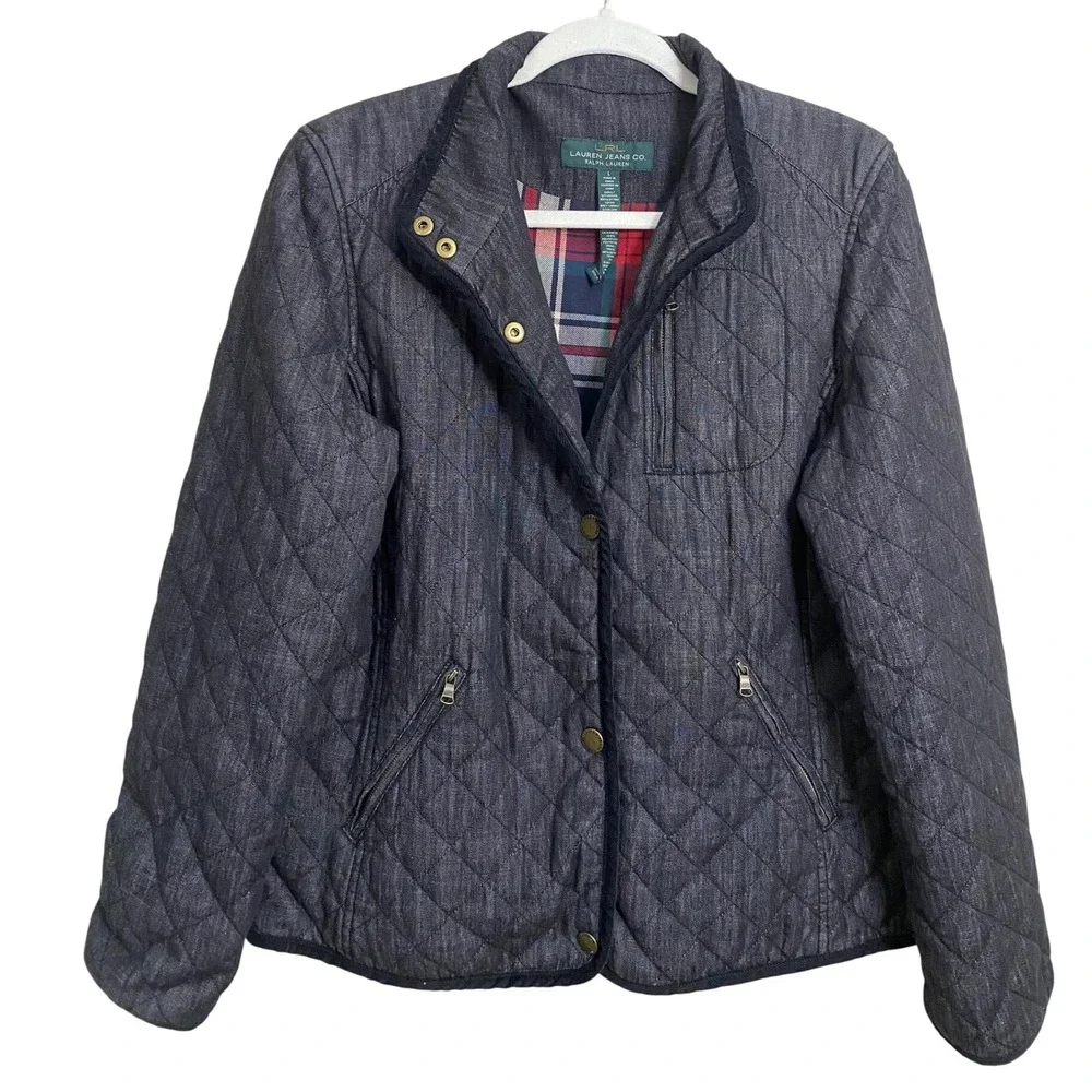 Ralph Lauren Quilted Dark Wash Flannel Lined Snap Closure Denim Jacket Sz Large - Picture 2 of 8
